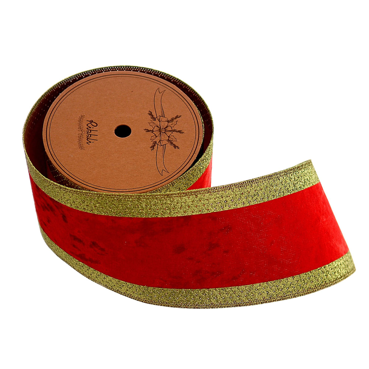 A roll of decorative ribbon with a wide red center band and metallic gold glitter borders, shown on a plain white background. The cardboard core is visible and branded with the name 'Rinle'.