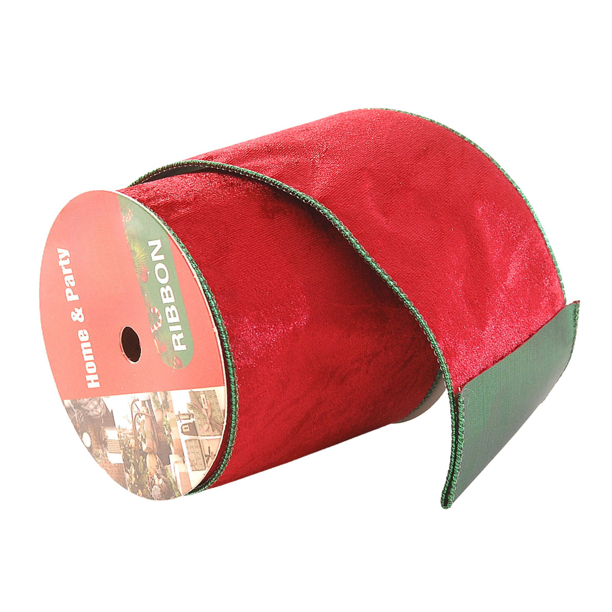 A roll of red satin ribbon with green edges, partially unrolled from its cardboard spool labeled 'Home & Party RIBBON' on a white background.
