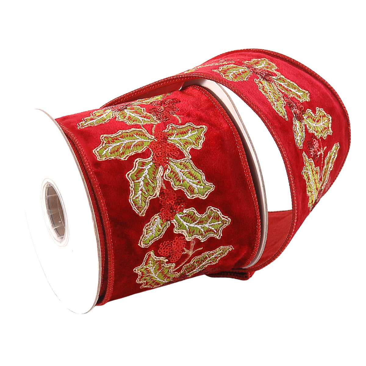 Red Velvet Ribbon with Mistletoe Embroidery 10 cm × 4.6 m