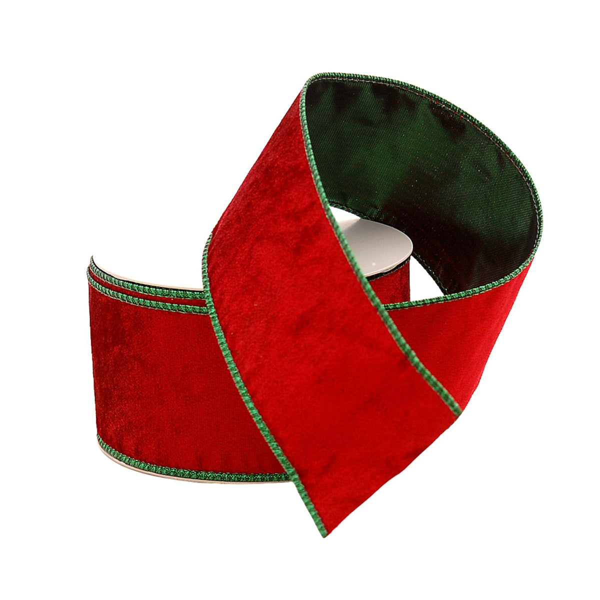A festive Christmas ribbon with a red velvet exterior, a green braided edge trim, and a dark green satin interior, shown coiled on a white background.