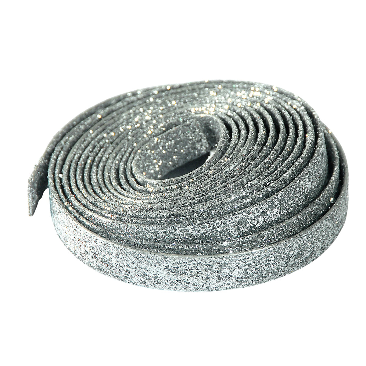 A coiled roll of silver glitter adhesive felt strip, shown on a clean white background.