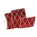 A roll of red ribbon with a metallic gold lattice pattern and a thin gold edge trim, shown on a plain white background.