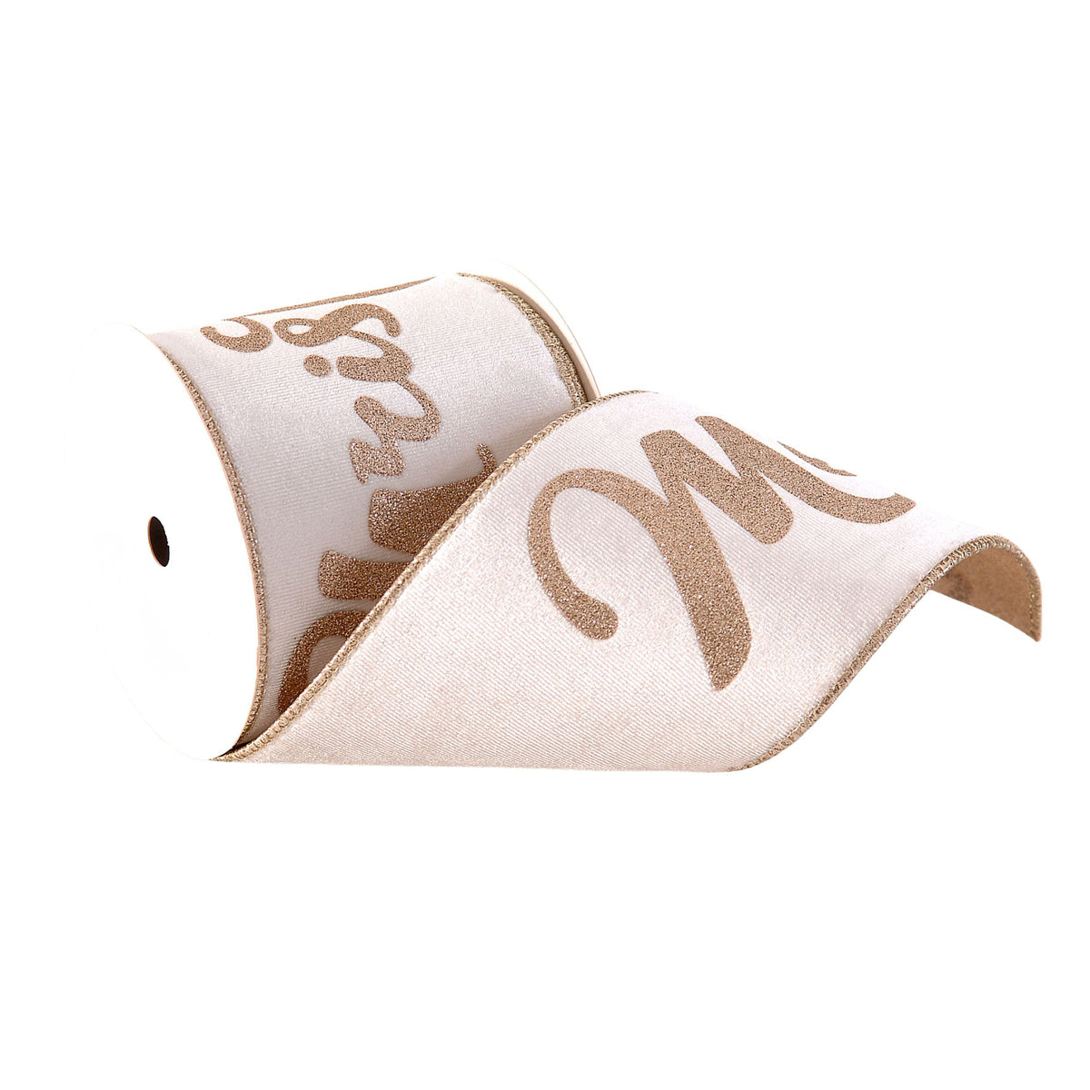 A roll of white satin ribbon with glittery gold cursive text reading 'Merry Christmas, shown on a plain white background.