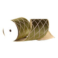 A roll of olive green velvet ribbon with a light pink diamond lattice pattern, shown on a clean white background.