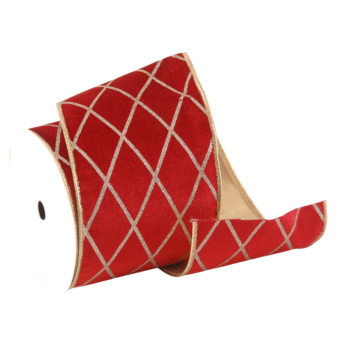 A roll of red grosgrain ribbon with a silver glitter diamond lattice pattern and a gold edge, shown on a white background.