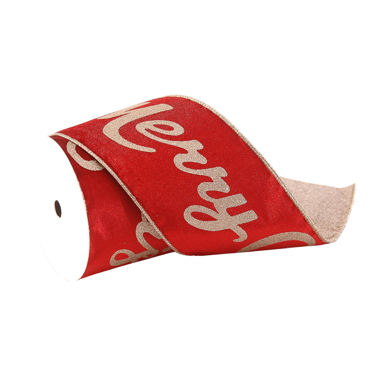 A roll of red decorative ribbon with glittery gold cursive script reading 'Merry Christmas' and a beige textured backing, shown on a white background.