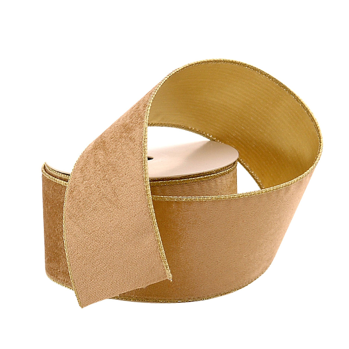 Vetur velvet dark gold ribbon roll of wide tan velvet ribbnwith a thin gold edge, coiled on a white background.