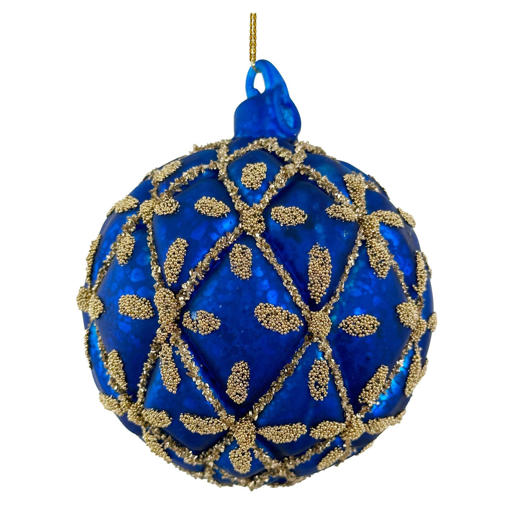 A round blue glass Christmas ornament decorated with a gold beaded geometric lattice pattern, featuring a blue hanging loop at the top and a gold hanging string. 