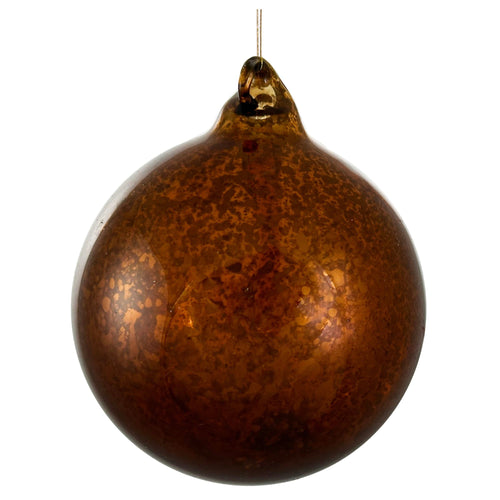 A single round hanging ornament in a metallic coppery-brown finish with a mottled, reflective surface, suspended by a thin wire against a plain white background.