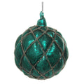 A metallic emerald green Christmas ornament shaped like a textured egg, decorated with a glittery silver diamond lattice pattern, shown hanging against a plain white background.
