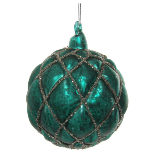 A metallic emerald green Christmas ornament shaped like a textured egg, decorated with a glittery silver diamond lattice pattern, shown hanging against a plain white background.