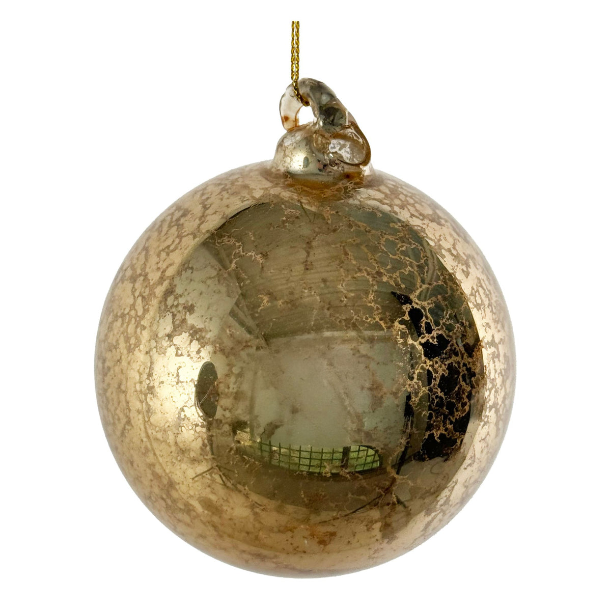 A single round holiday ornament with a textured, crackled antique metallic gold finish and a gold hanging loop at the top, shown on a plain white background.