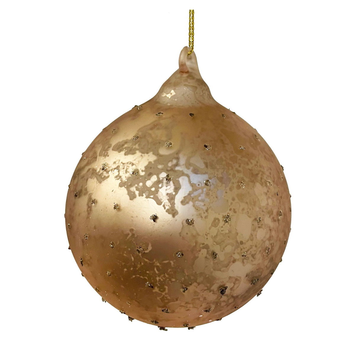 A single metallic blush pink gold Christmas bauble featuring a distressed, textured finish with small rhinestone-like accents and a gold hanging string at the top, shown against a plain white background.