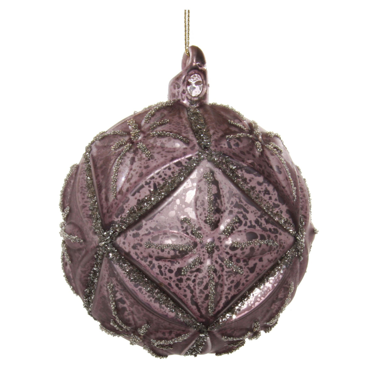 A round, textured glass Christmas ornament in a dusty purple shade with silver glitter accents and a hanging loop at the top, shown against a plain white background.