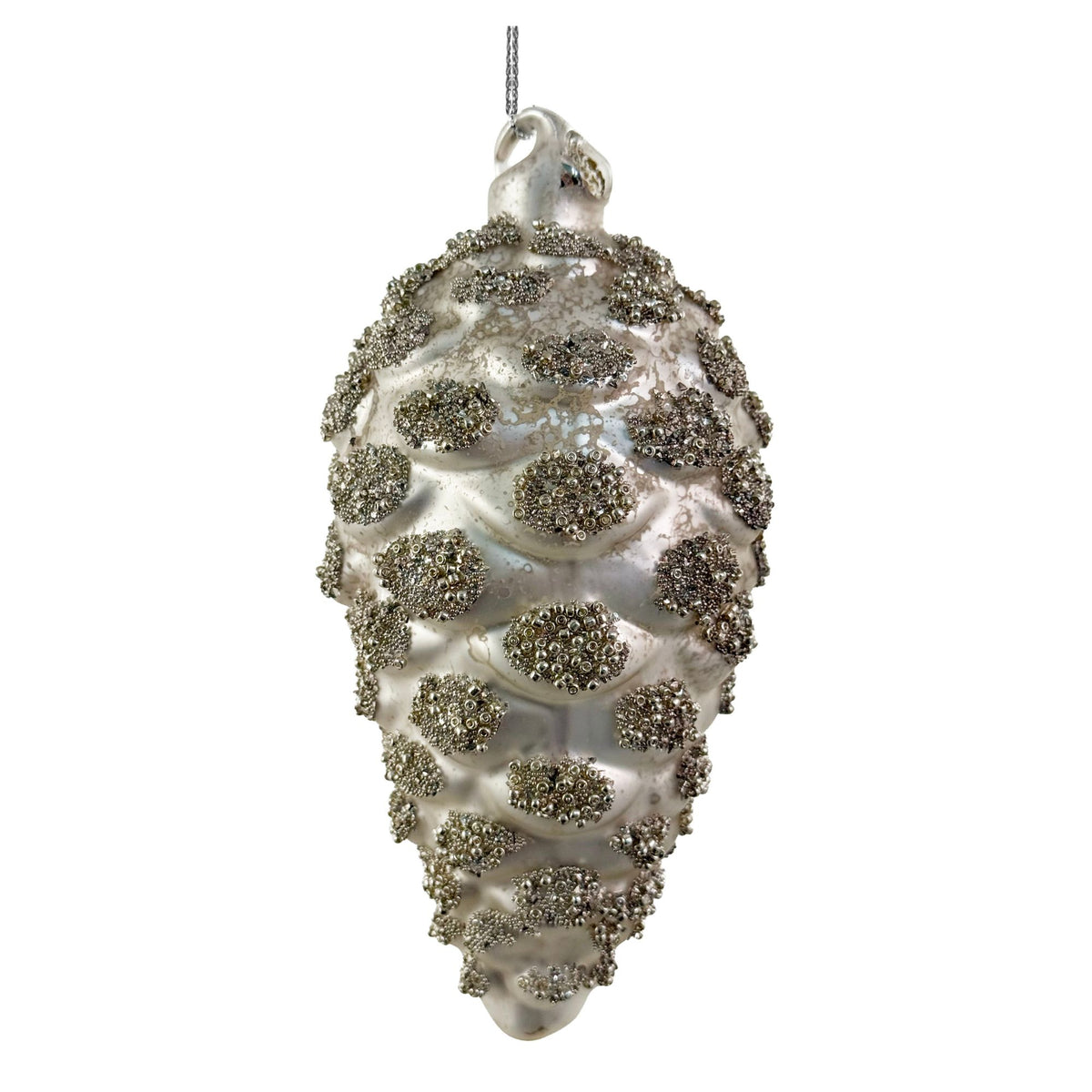A silver pinecone-shaped Christmas ornament covered in sparkling clear rhinestones, shown against a plain white background.