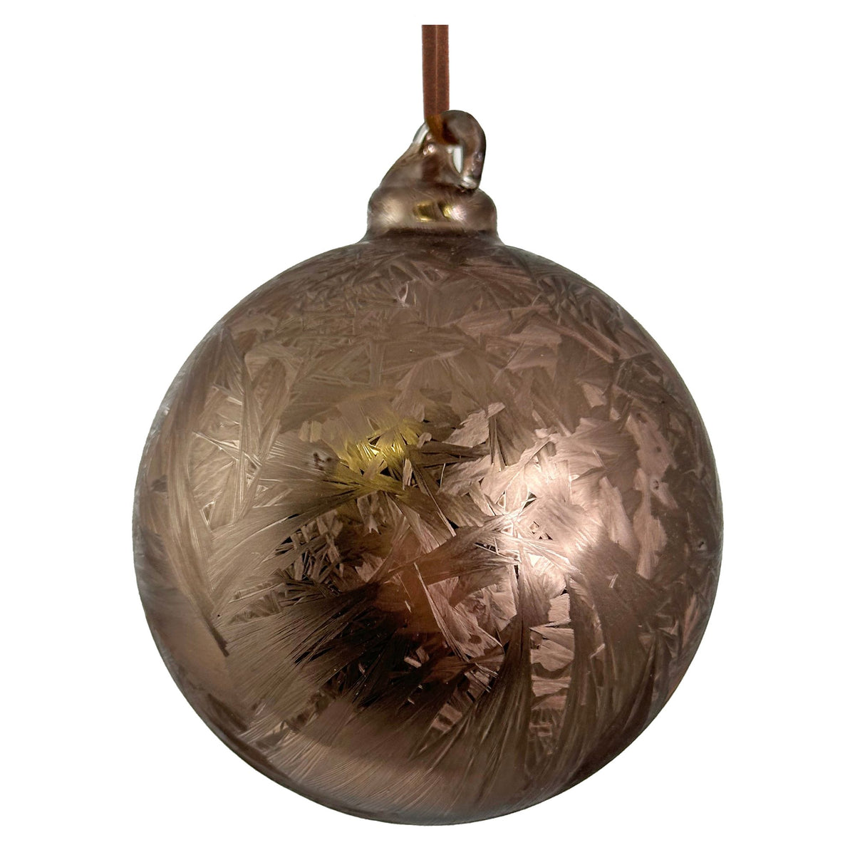 A metallic bronze Christmas ornament with a textured, etched leaf pattern and a hanging loop at the top, shown against a plain white background.