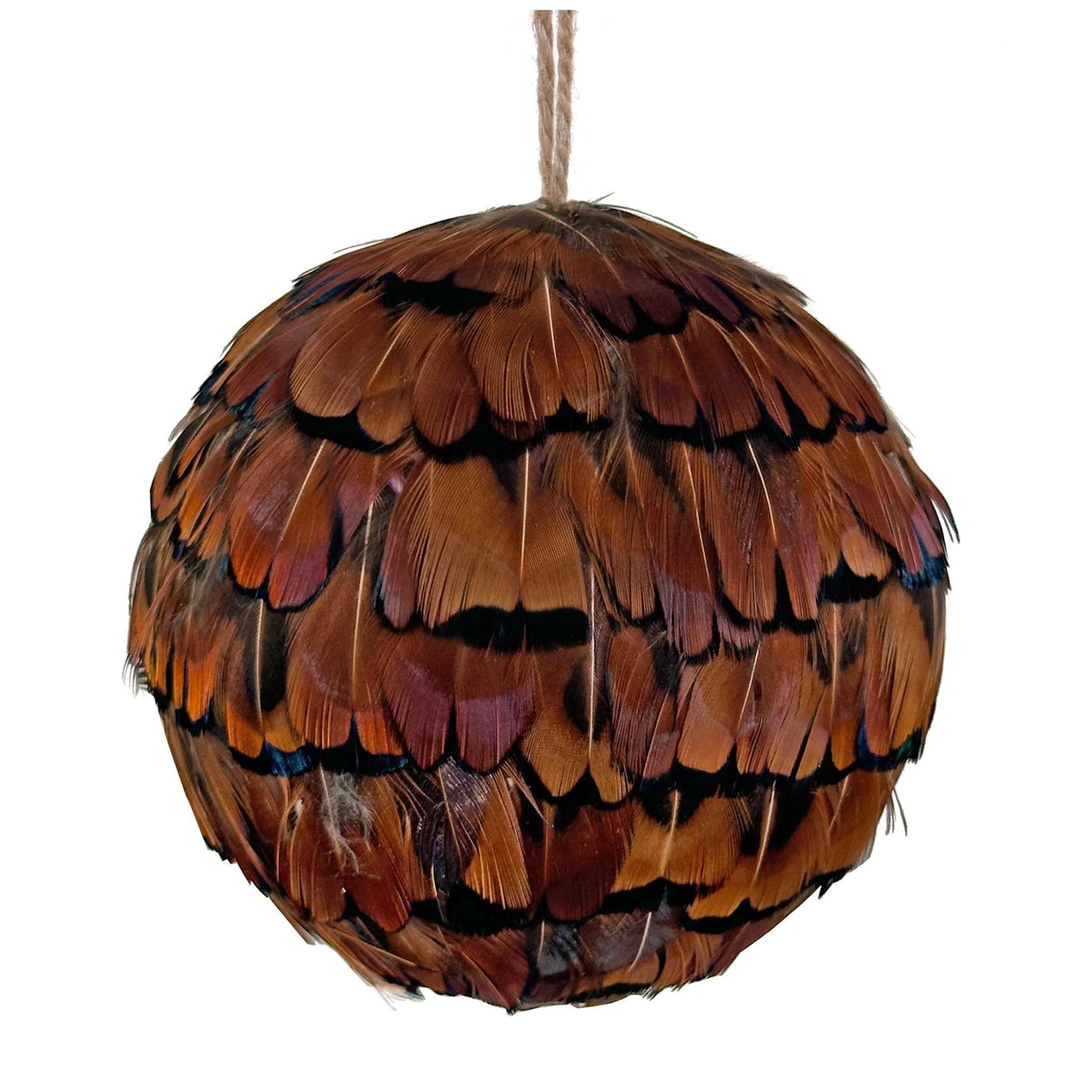 A hanging decorative ball made from layered brown feathers with darker edging, suspended by a natural twine string against a plain white background.