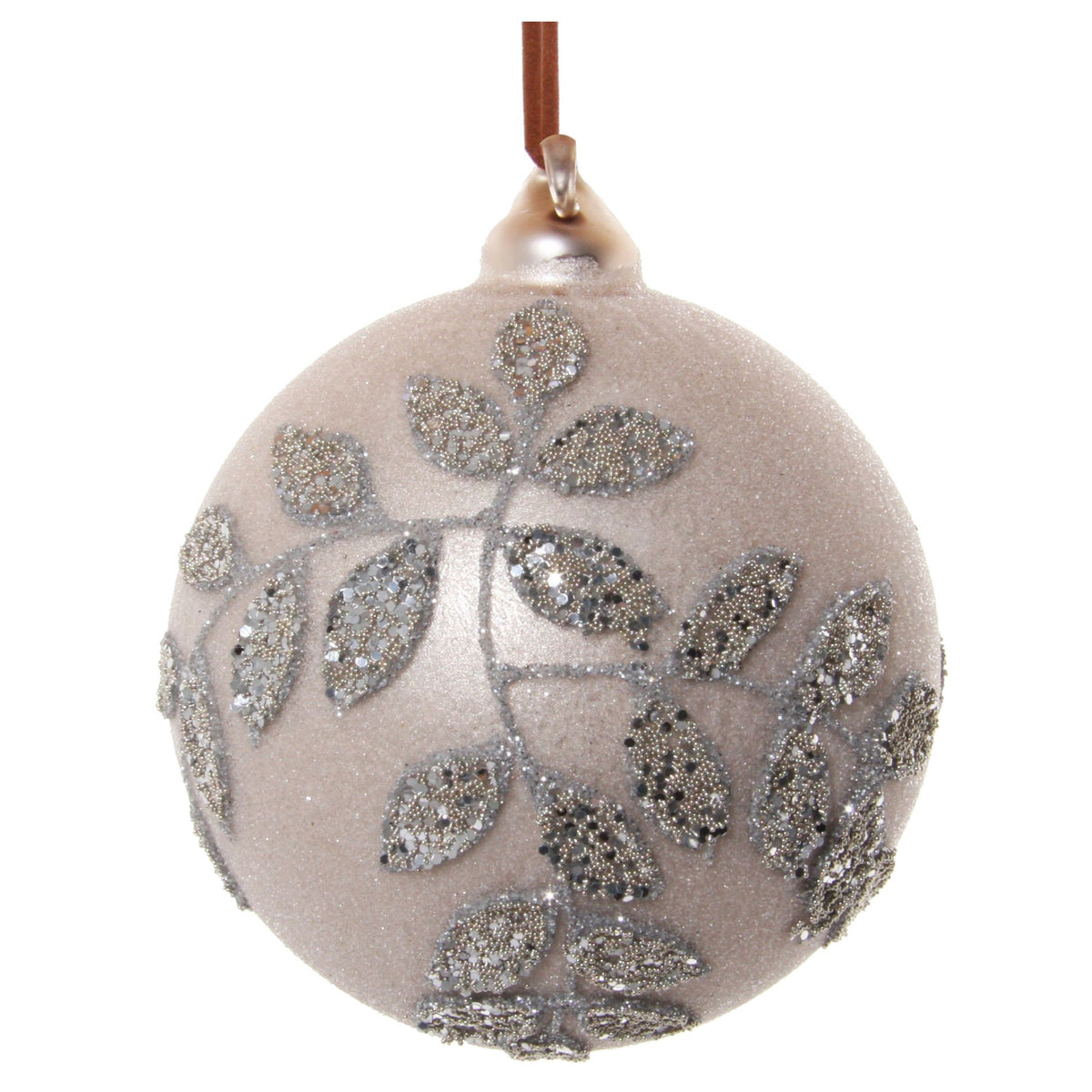Champagne Silver Beaded Leaf Glass Bauble - 8 cm