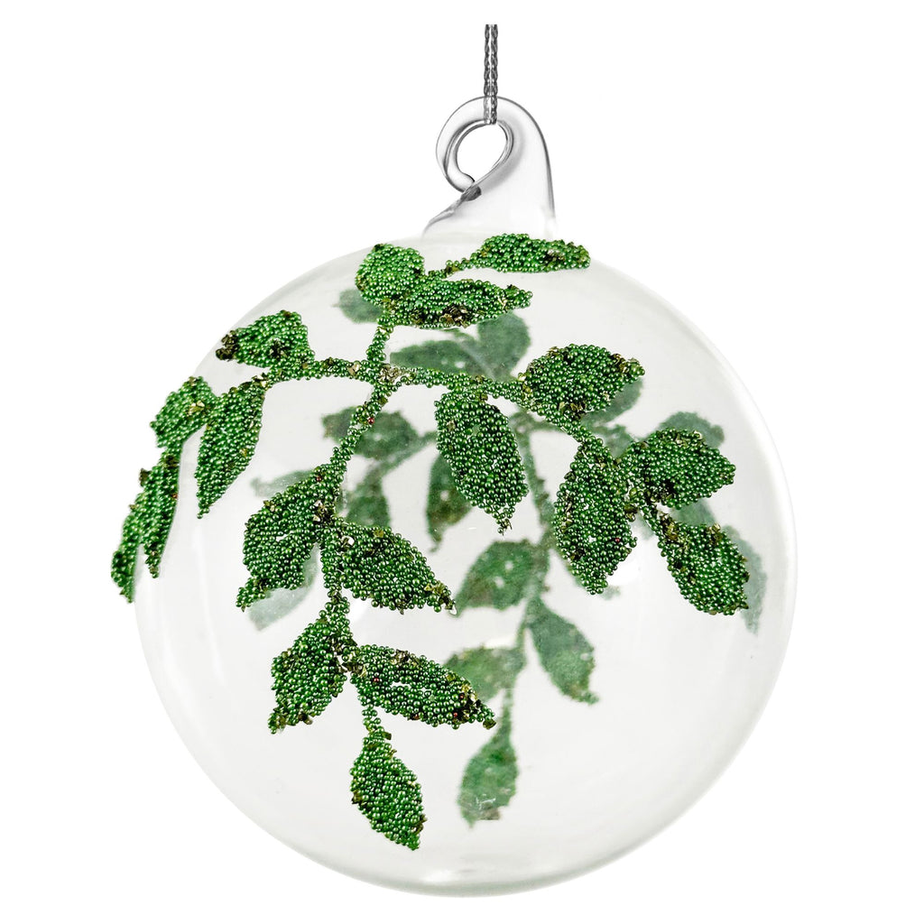 Clear Green Beaded Leaf Glass Bauble - 8 cm