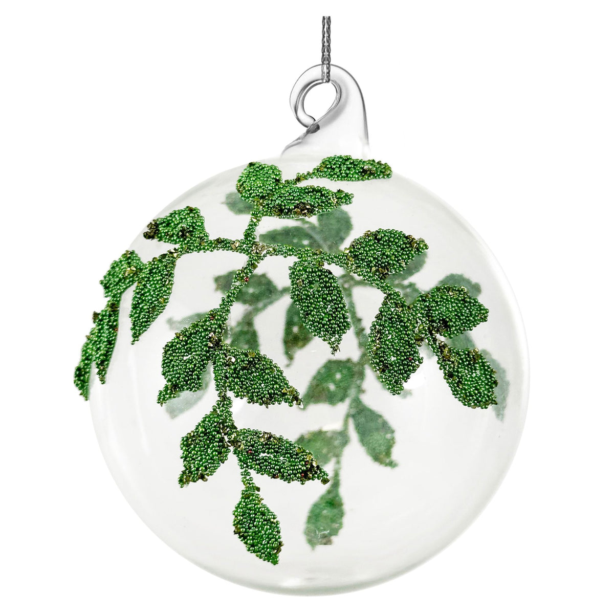 Clear Green Beaded Leaf Glass Bauble - 8 cm