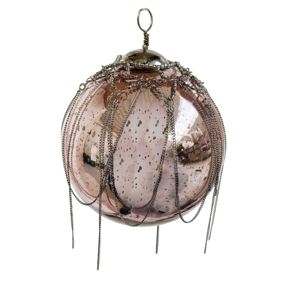 ShiShi bauble 15 cm diameter, a pink mercury glass Christmas ornament with dangling silver chains and a hanging loop, shown against a plain white background.