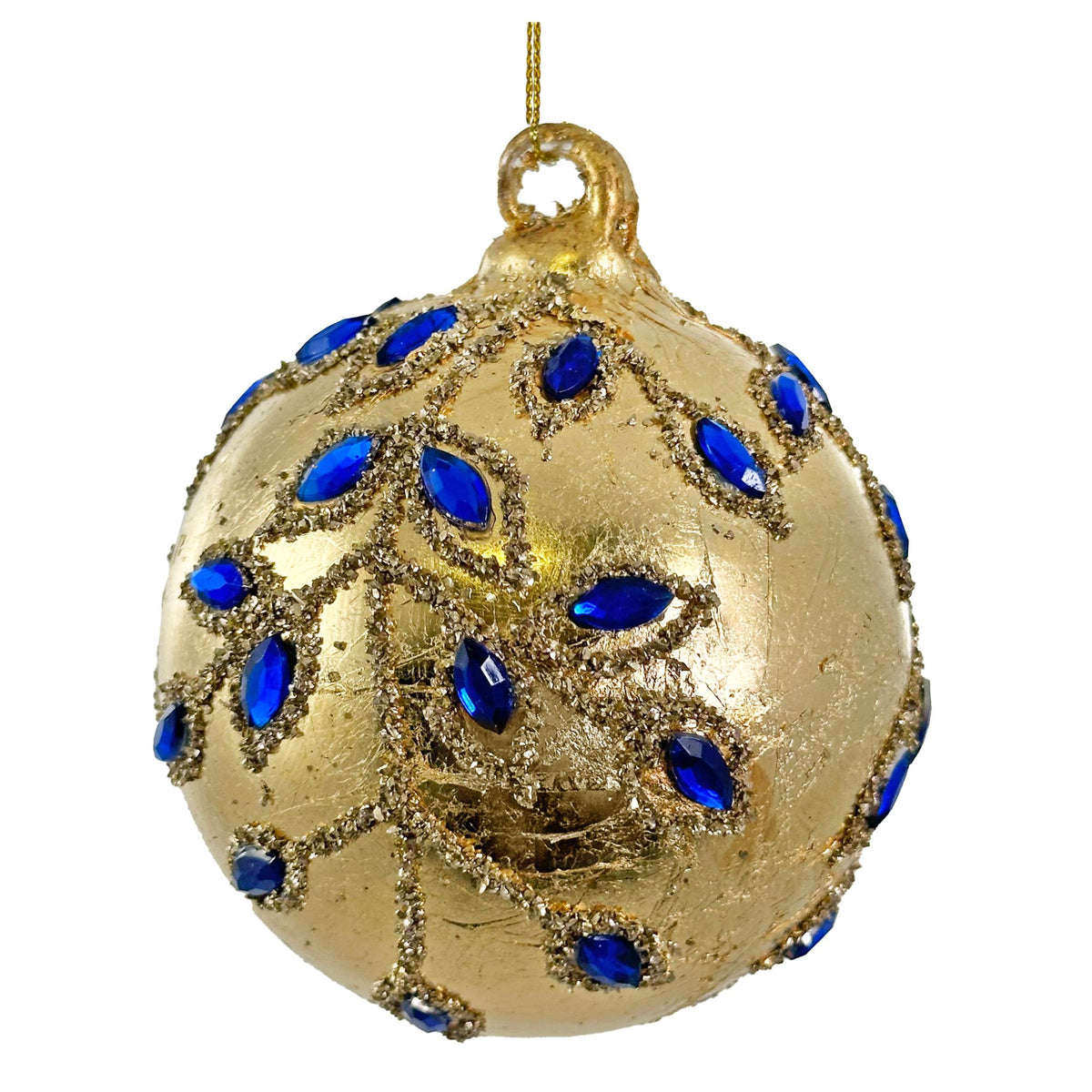 Gilded Blue Gem Branch Glass Bauble - 8 cm