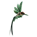 A decorative bird figurine shaped like a hummingbird with long dark green wings, a glittery green leaf-like body, and an orange and black head, shown on a plain white background.