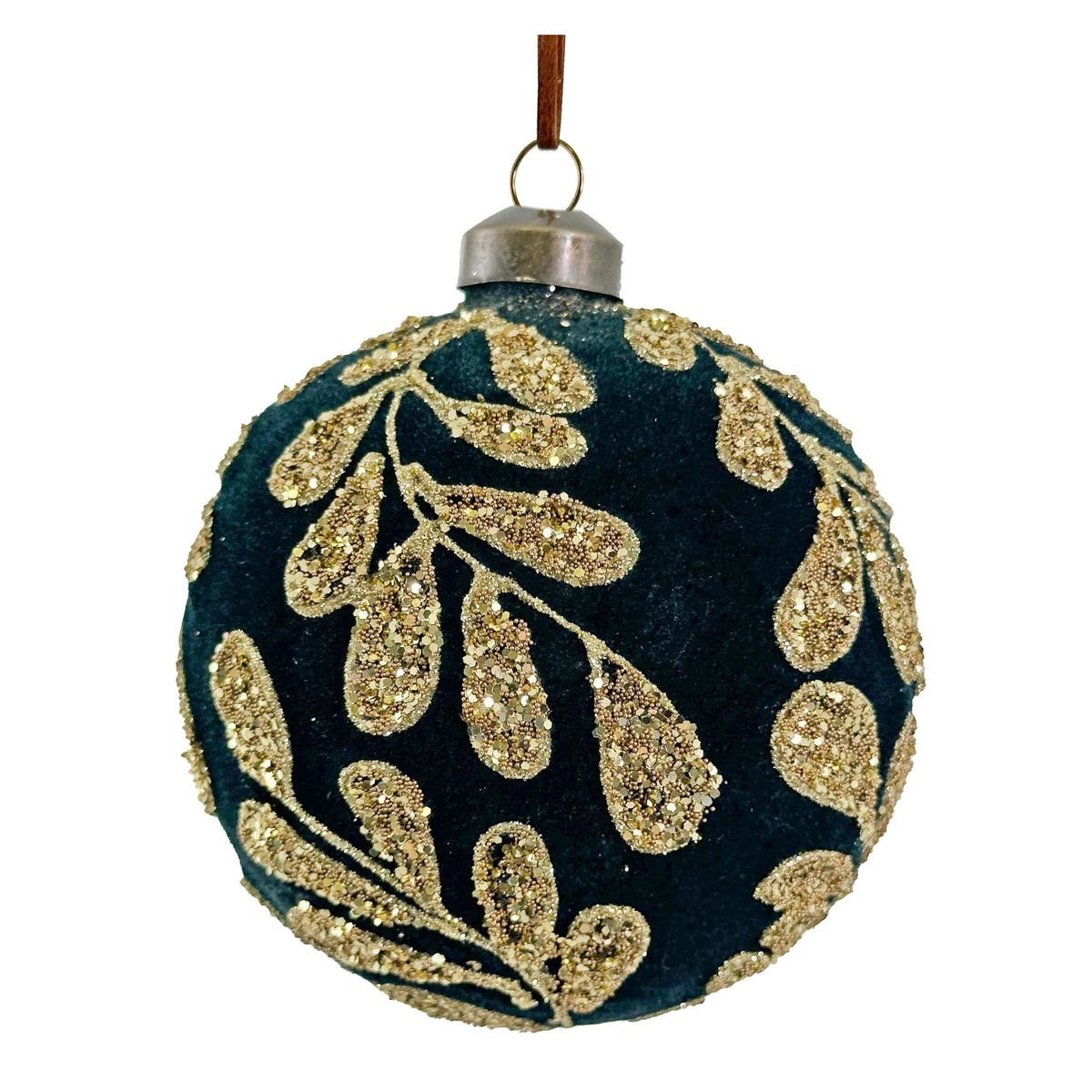 Green Velvet Gold Glittered Glass Bauble - 10 cm