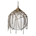 ShiShi bauble 12 cm diameter, A hanging clear glass ornament covered with ornate antique bronze chains and rings, suspended from a matching metal cap with a wire loop.