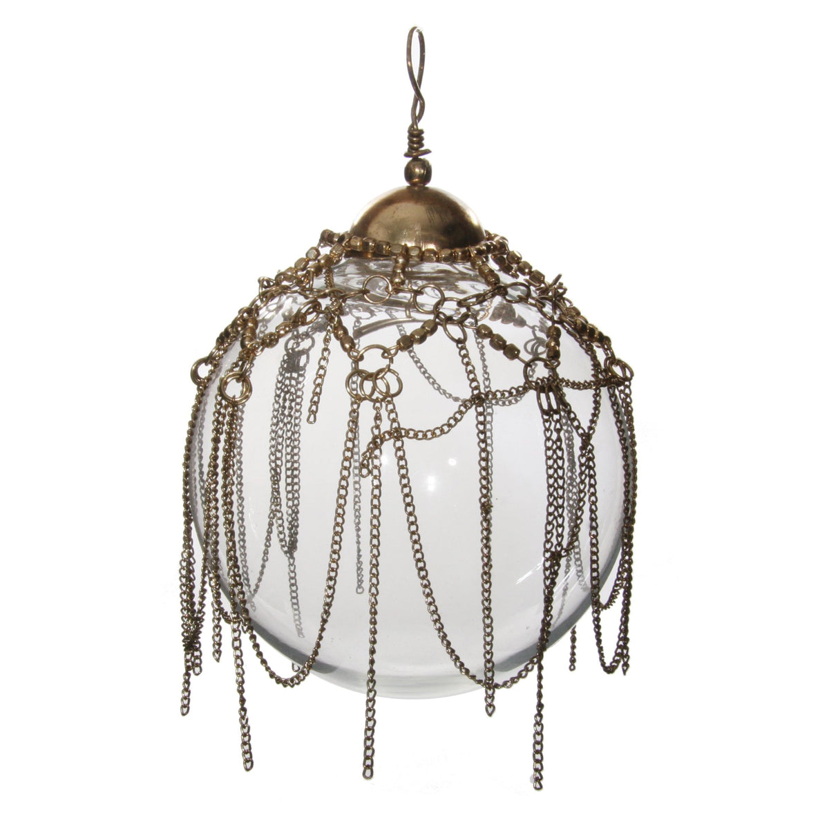 ShiShi bauble 12 cm diameter, A hanging clear glass ornament covered with ornate antique bronze chains and rings, suspended from a matching metal cap with a wire loop.