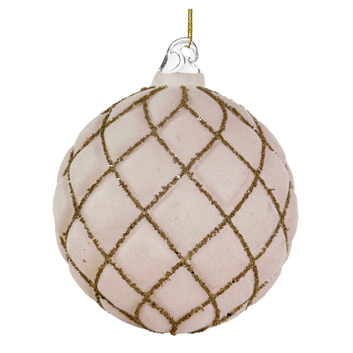 Light Pink Velvet Gold Beaded Glass Bauble - 10 cm