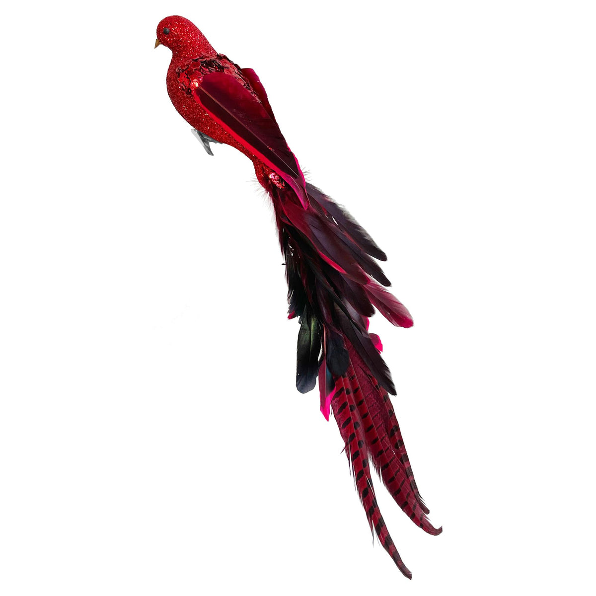 A decorative artificial bird ornament on clip shaped like a long-tailed pheasant, featuring a glittery red body and a long tail with red, black, and magenta feathers, isolated on a white background.