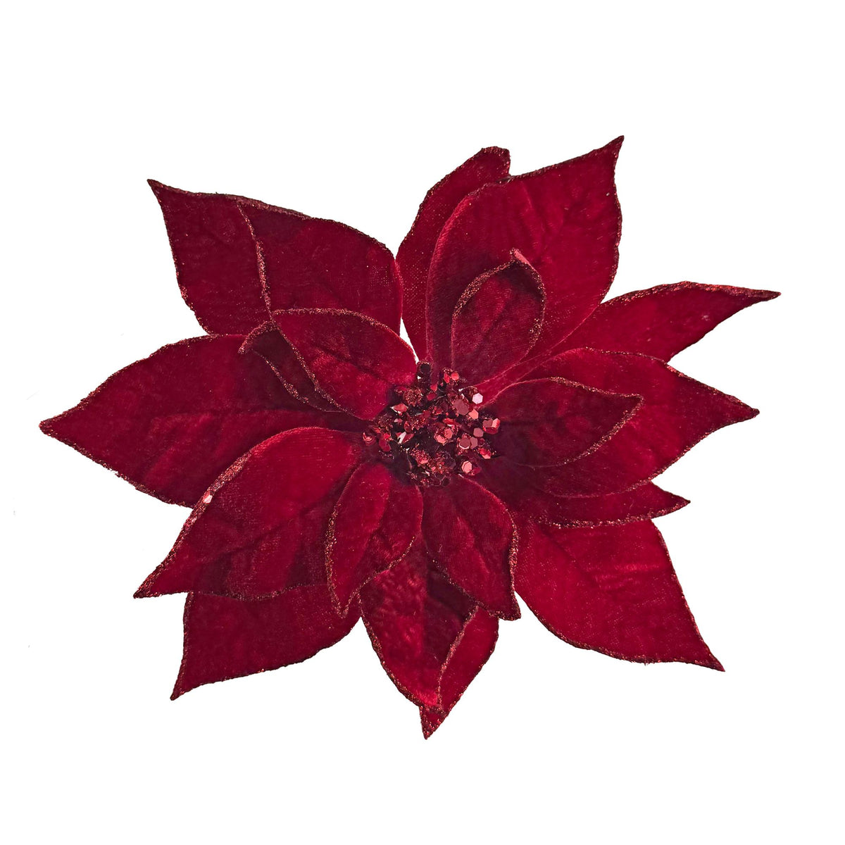 A deep red artificial poinsettia flower with textured velvet-like leaves and a glittery red center, isolated on a white background.