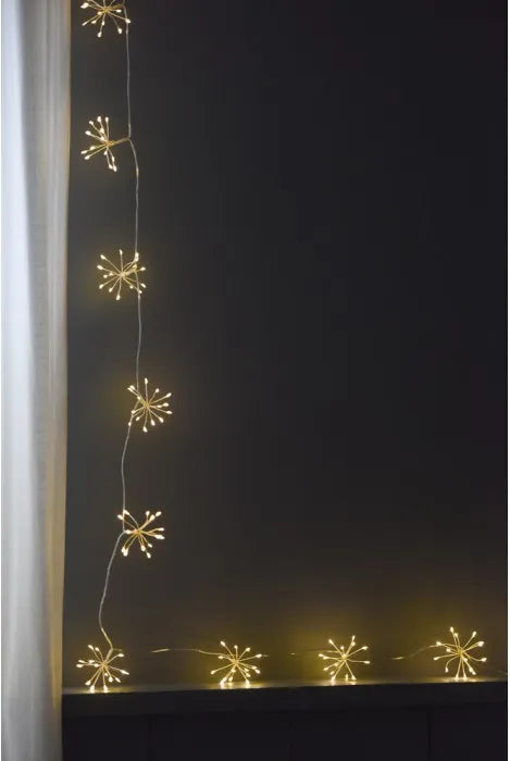 Warm white LED starburst string lights draped vertically and along a shelf against a dark wall.