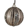 A ribbed glass Christmas ornament with a smoky brown translucent finish, featuring vertical bands of silver glitter and a hanging loop at the top, shown against a plain white background.