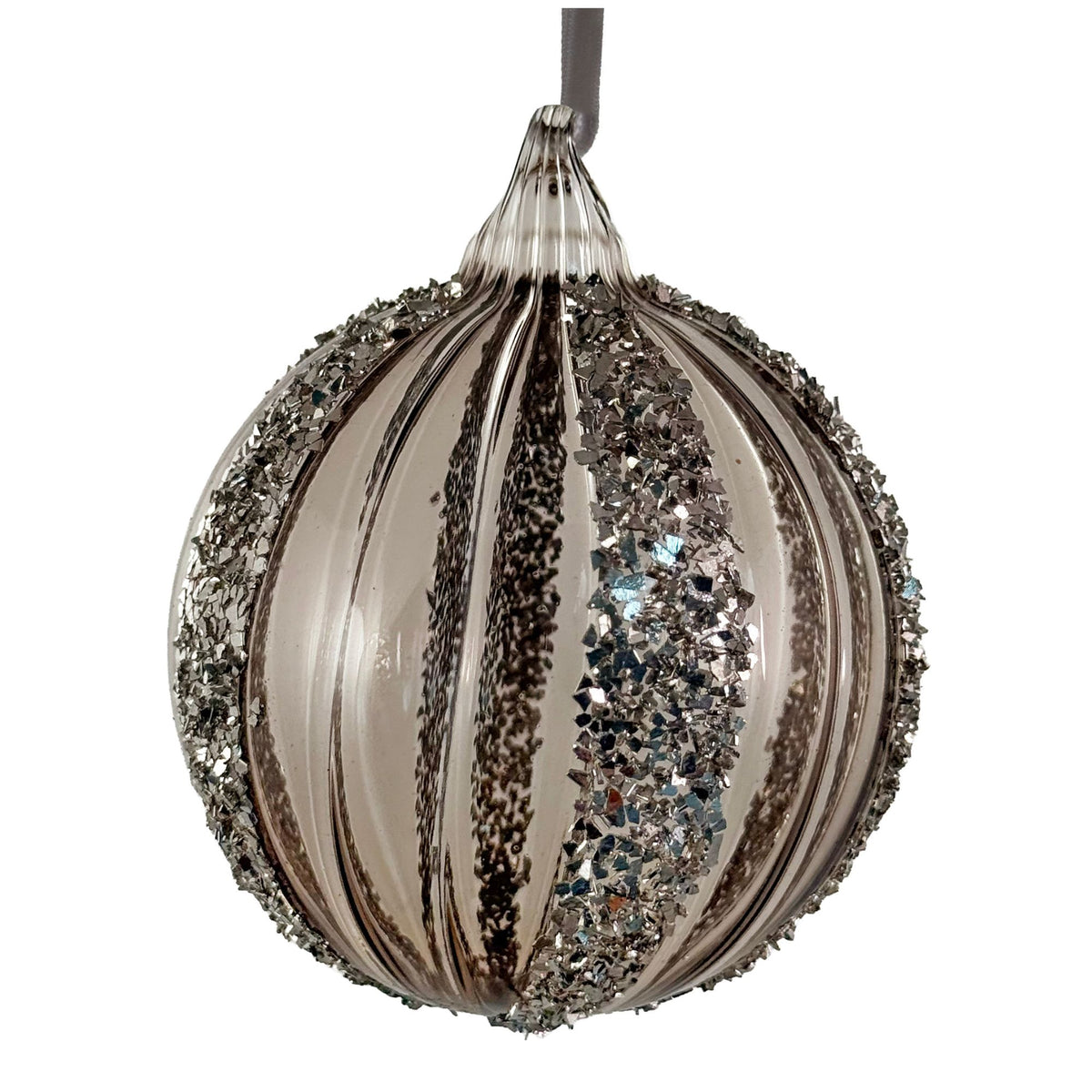 A ribbed glass Christmas ornament with a smoky brown translucent finish, featuring vertical bands of silver glitter and a hanging loop at the top, shown against a plain white background.